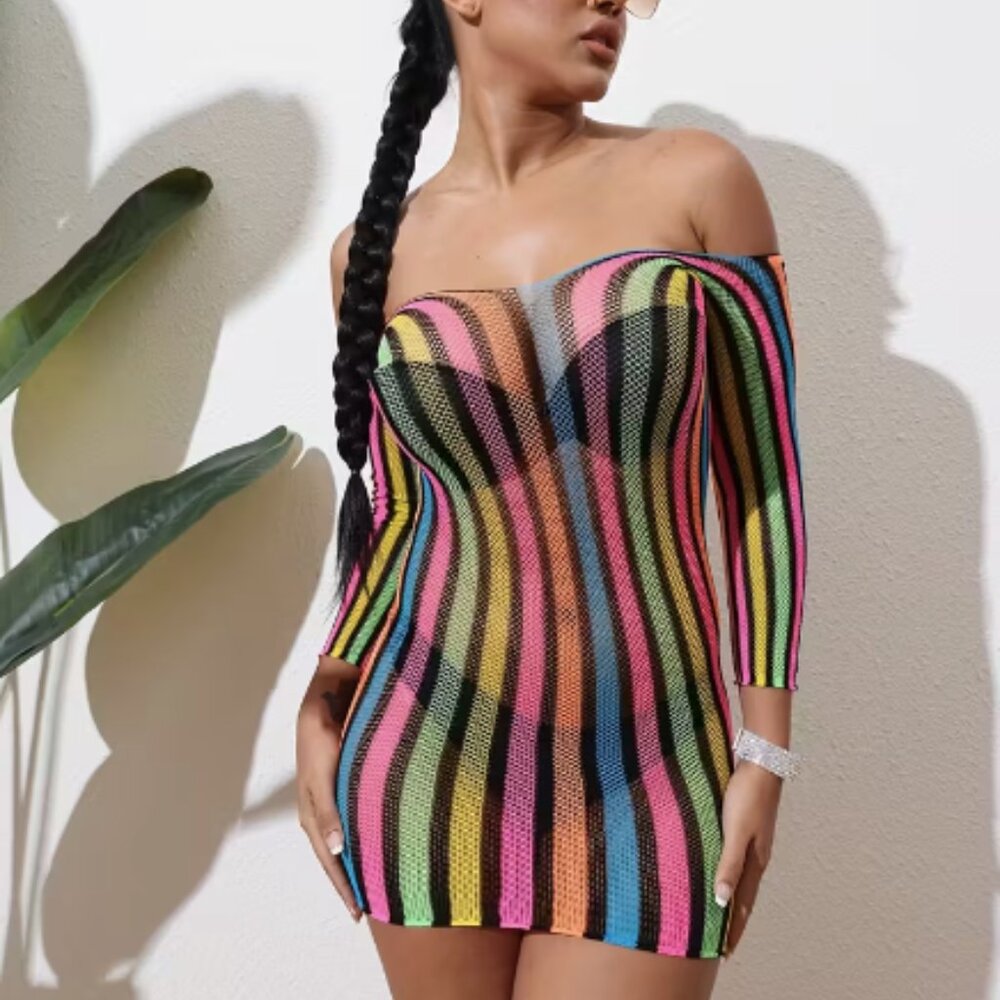 Rainbow Color Striped Fishnet Dress Cover-Up - Picture 5 of 6